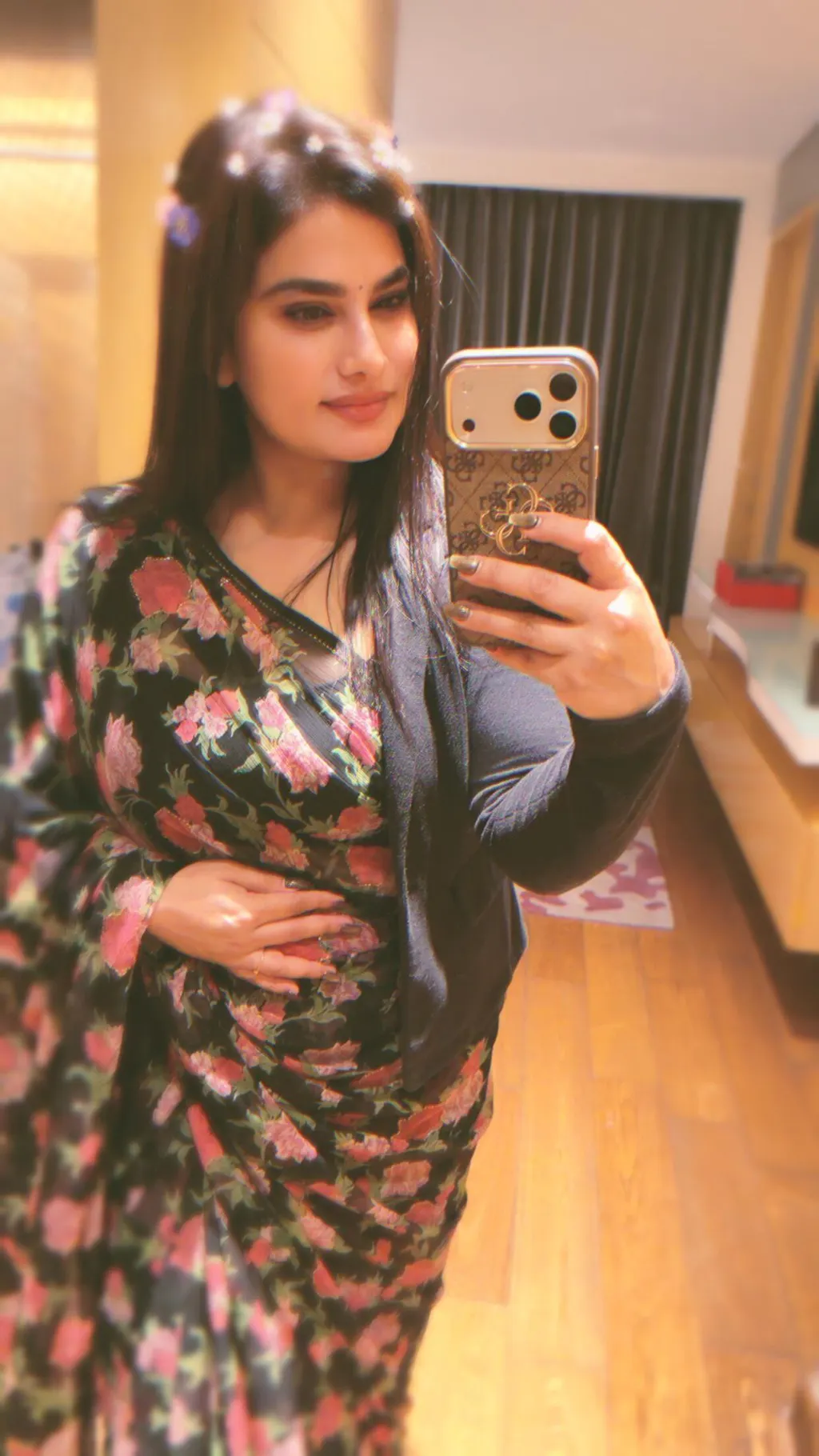 Vintage Noir - Floral Printed & Embroidered Black Chiffon Saree