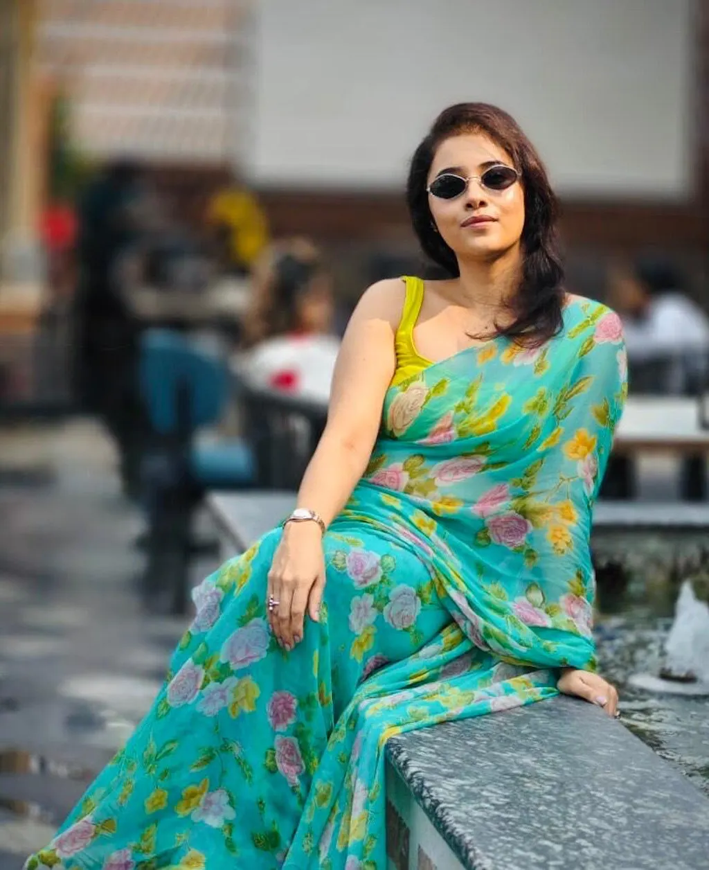 Selene - Turquoise Blue Floral Print Pure Chiffon Saree