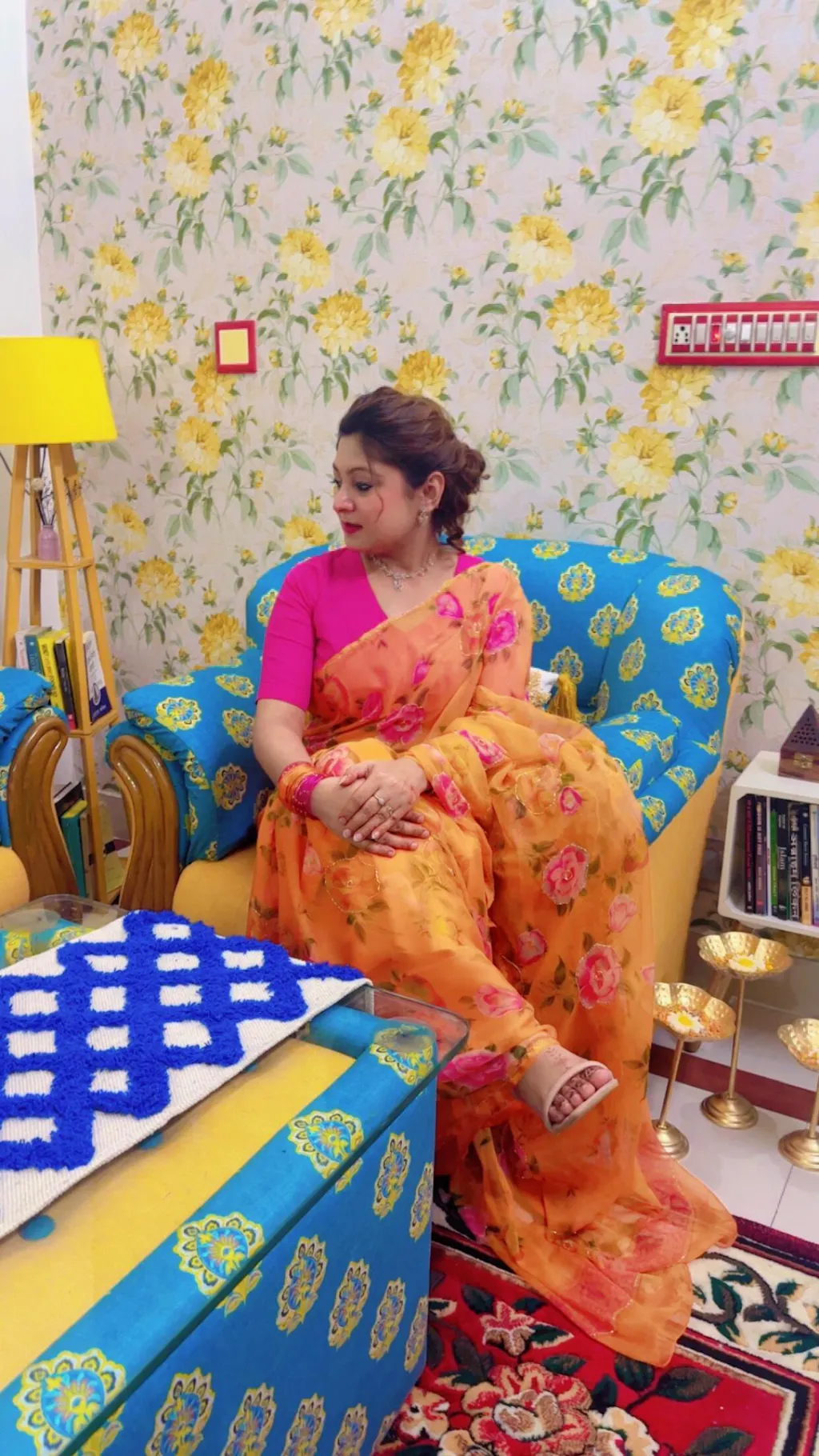 Vintage Orange - Floral Printed & Embroidered Chiffon Saree