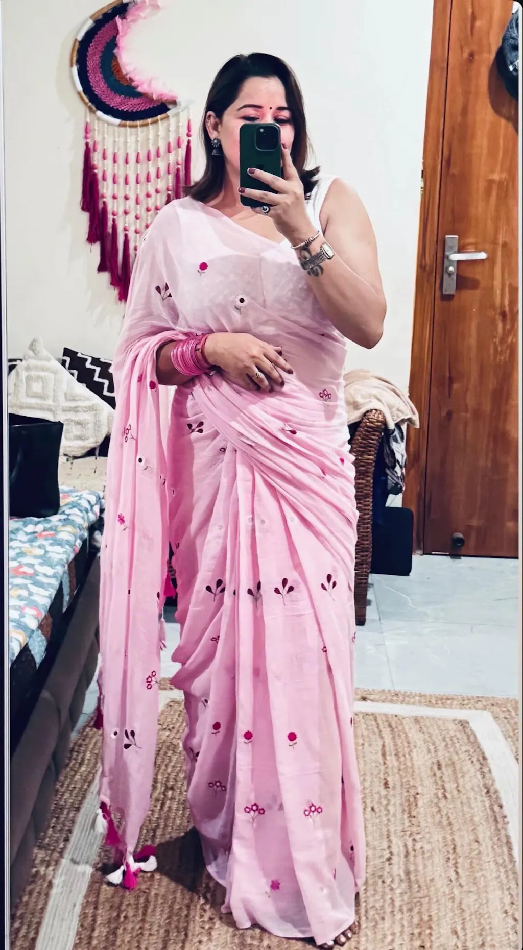 Gardenalia Pink - Embroidered Pure Mulmul Cotton Saree