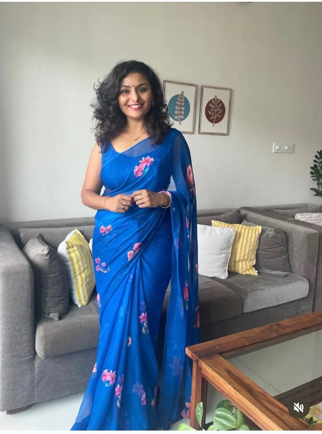 Azura - Royal Blue Floral Print Pure Chiffon Saree