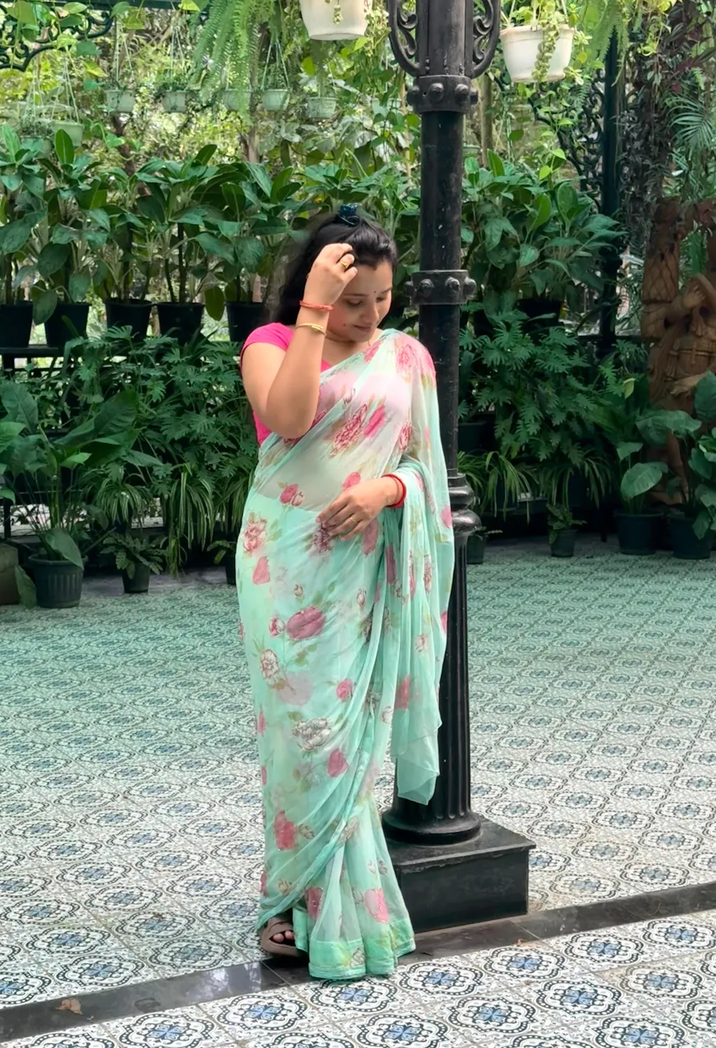 Vintage Aqua - Floral Printed & Embroidered Chiffon Saree