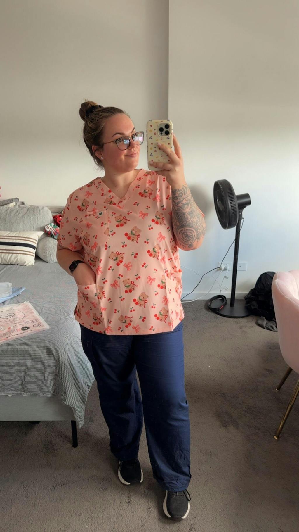 Cherry Cozy Bear Scrub Top