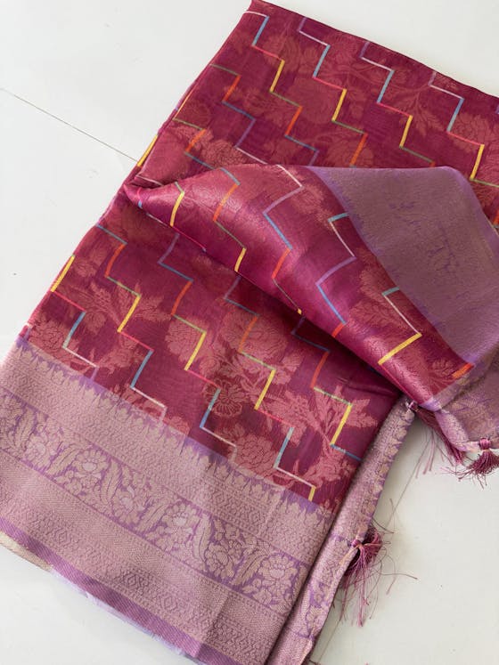 ✨ Banarasi Linen in Fuschia Pink + Lavender - Vibrant Chevron Stripes | Menmai Exclusive Saree 
