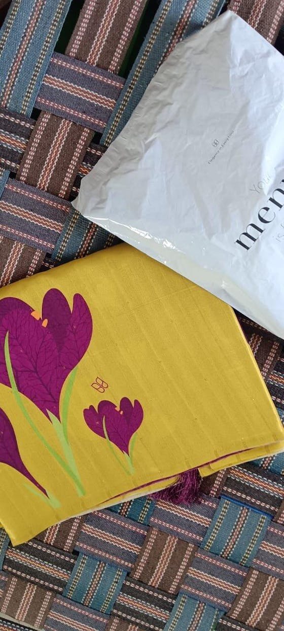 Air Tussar Saree With Flower Motif | Sunny yellow+Orchid Purple