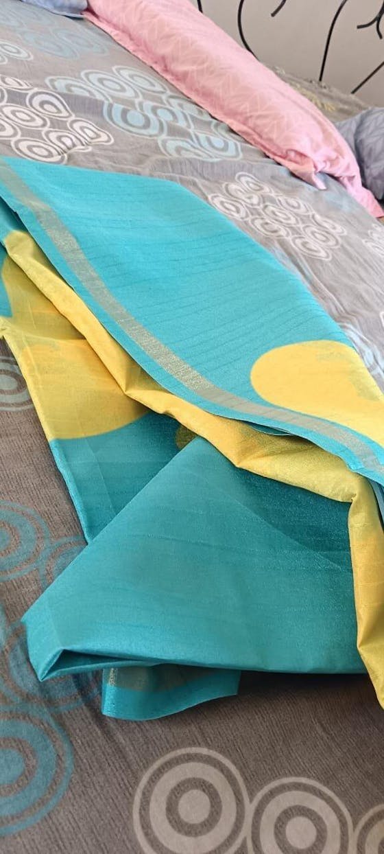 Soft Semi Tussar Silk Saree With Heart Design| Menmai Exclusive  |Aqua blue - Sunny yellow