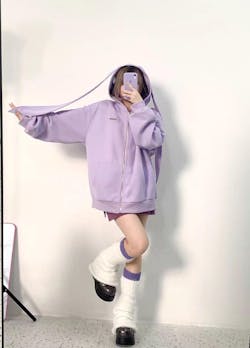 Kawaii Bunny Long Ears Pocket Zipper Oversize Hooded Sweatshirt