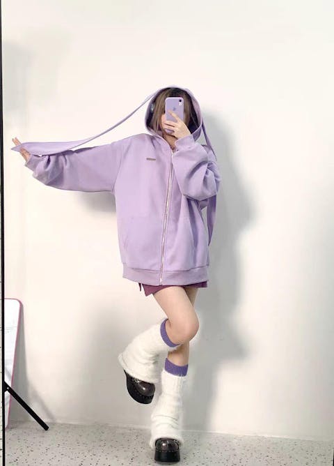 Kawaii Bunny Long Ears Pocket Zipper Oversize Hooded Sweatshirt