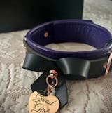 Premium Purple Leather Bow Collar with Custom Engraved Rose Gold Pendant With Leash