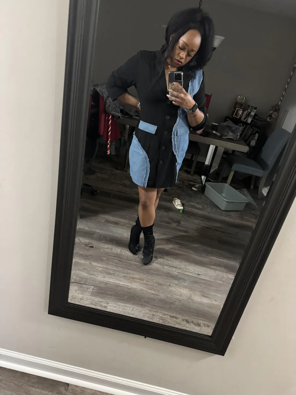 Denim Patchwork Long Sleeve Blazer Suit Mini Dress  Micas