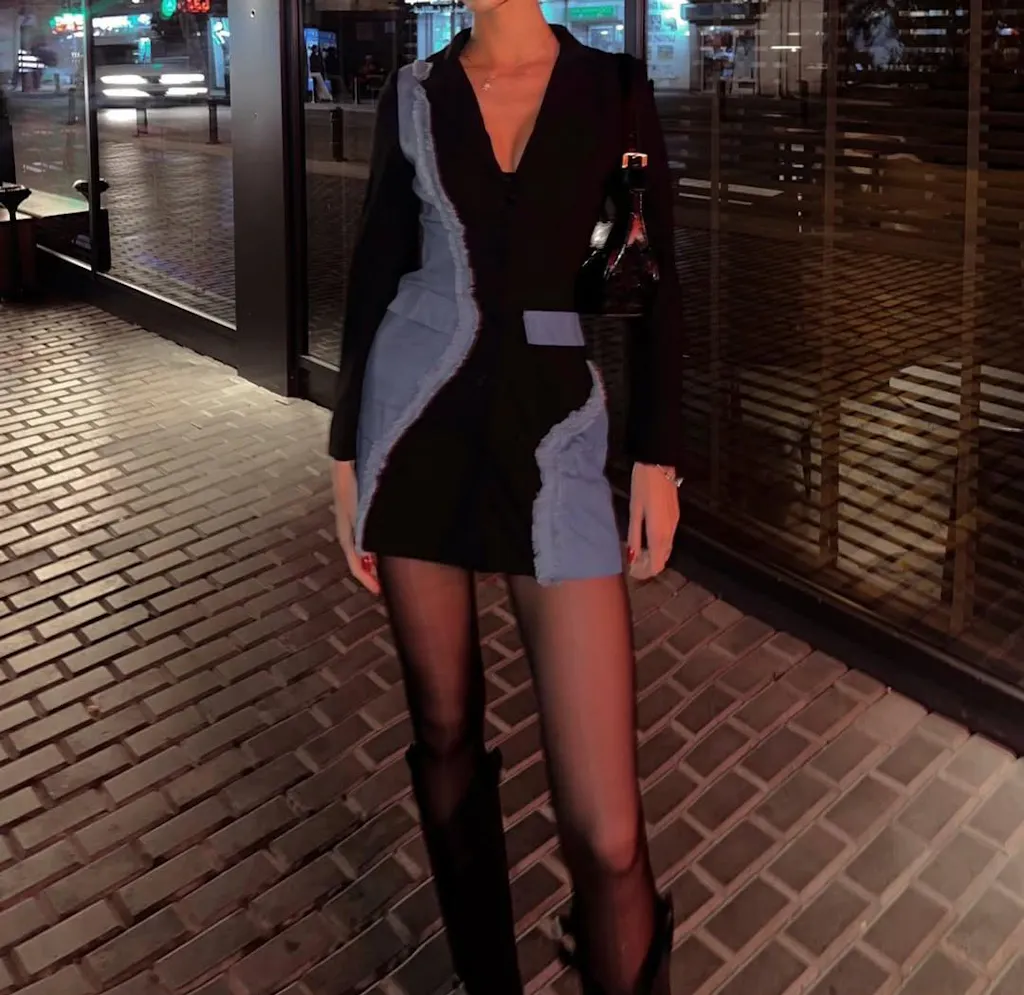 Denim Patchwork Long Sleeve Blazer Suit Mini Dress  Micas