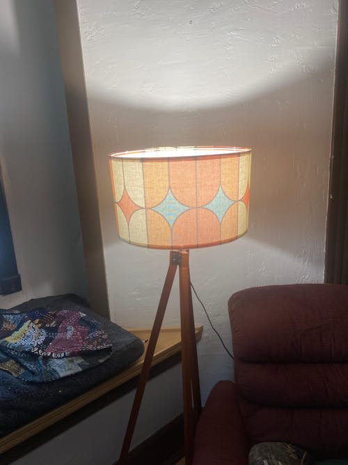 Mid Century Modern Tripod Floor Lamp, Orange, Teal Geometric Mod Designed