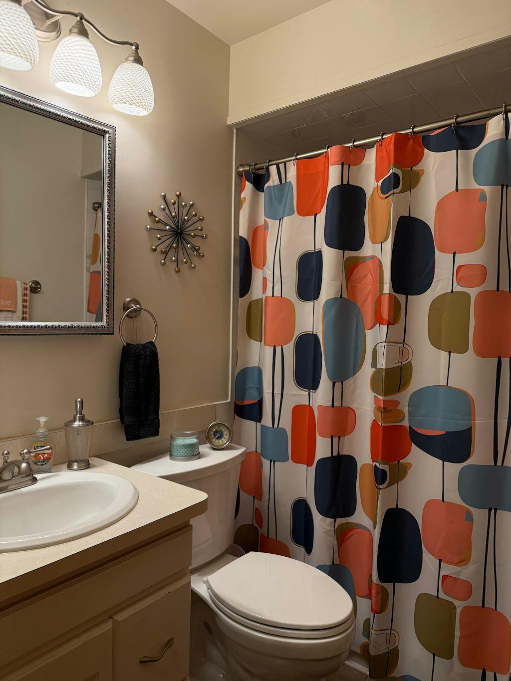 Mid Century Modern Shower Curtain, Abstracts, Geometric, MCM Teal, Orange, Aqua, Navy Blue Colorful Design Shower Curtain