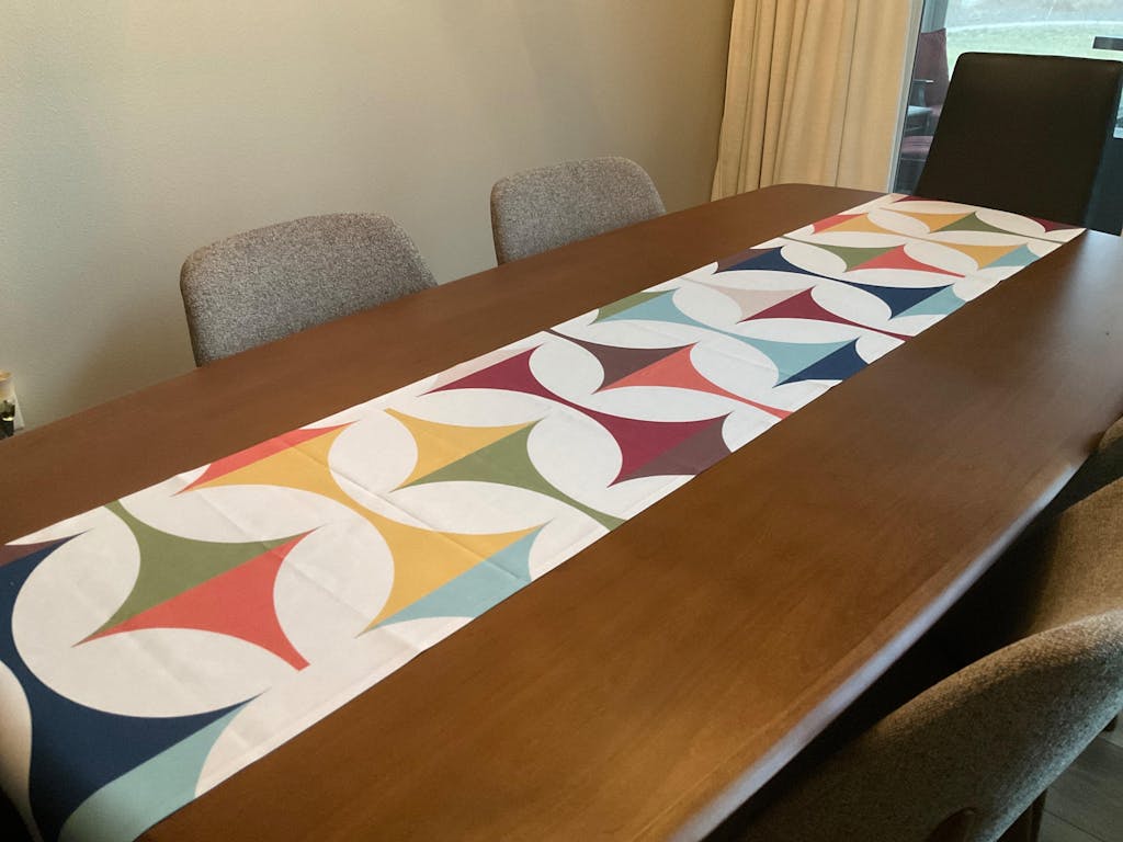 Mid Century Modern Table Runner, Retro Scandinavian Modern Danish Geometric Design, Green, Brown, Beige, Yellow, Teal, MCM