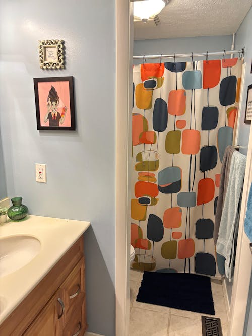 Mid Century Modern Shower Curtain, Abstracts, Geometric, MCM Teal, Orange, Aqua, Navy Blue Colorful Design Shower Curtain