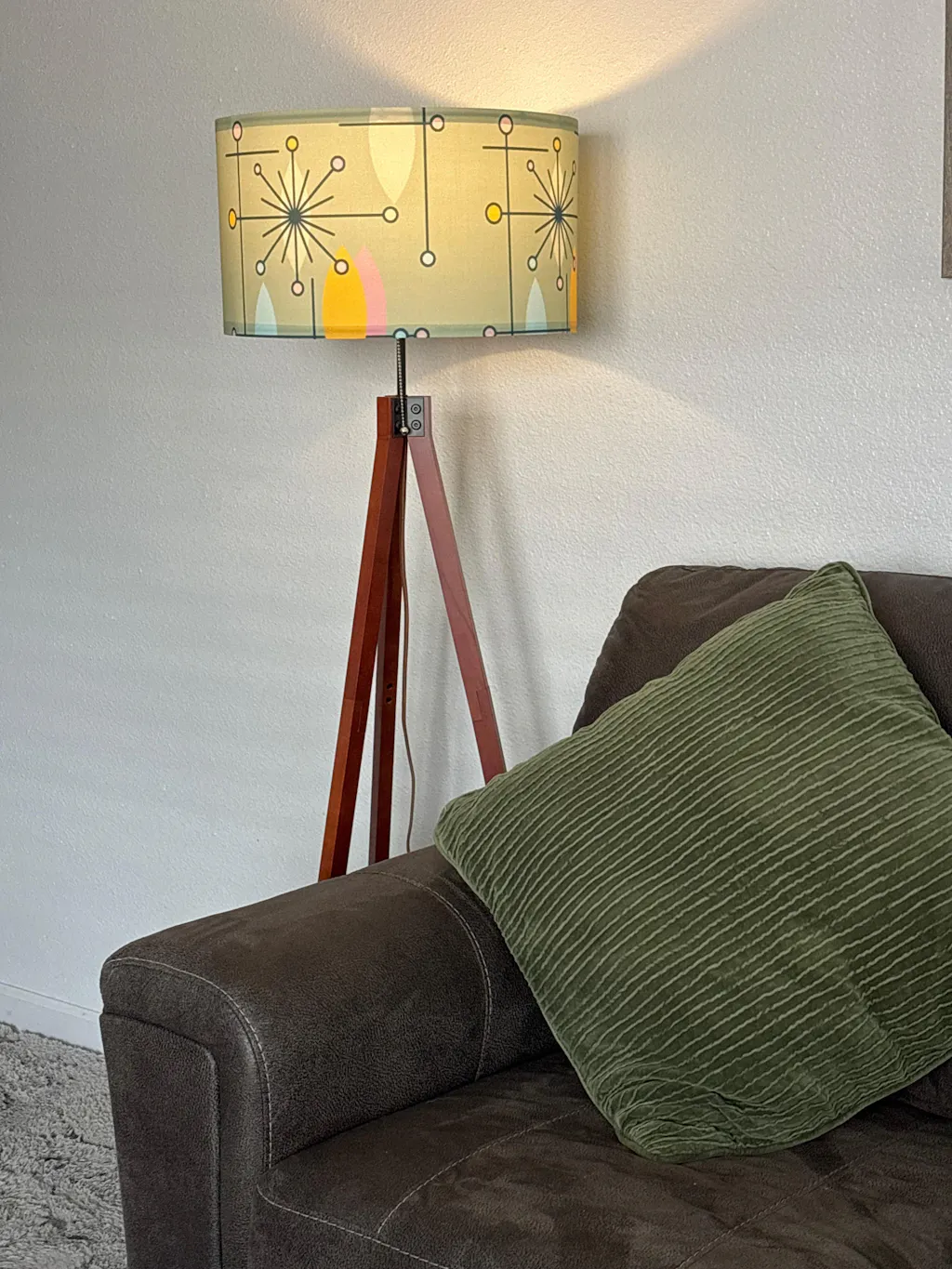 Mid Century Modern Tripod Floor Lamp Green Linen Shade Atomic Starburst Pattern (Made in USA)