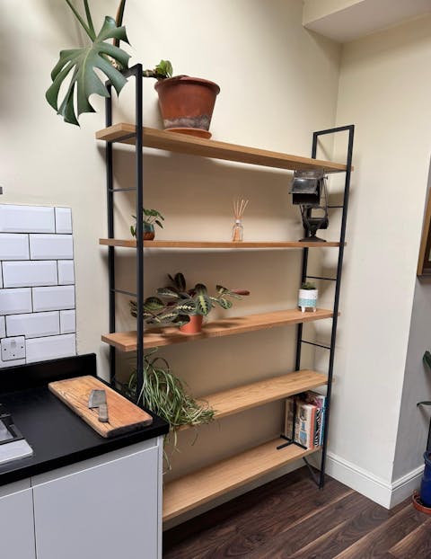Mid-Century Ladder Shelving – 5 Tier Oak Wall System