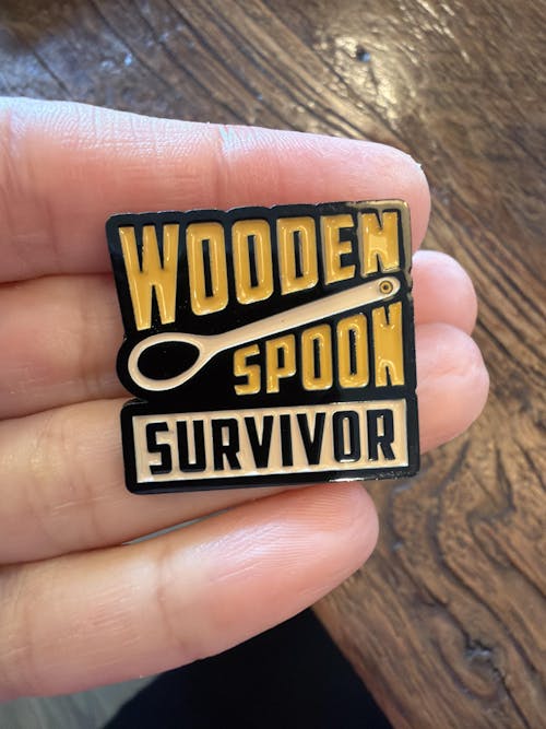 Wooden Spoon Survivor - Dark Humor Adulting Gift Pin Badge