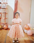 Short Sleeves Dusty Rose Peach Pink Rosette Flower Girl Dress