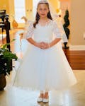 Princess Short Elbow Sleeves Ivory Lace Tulle Wedding Flower Girl Dress