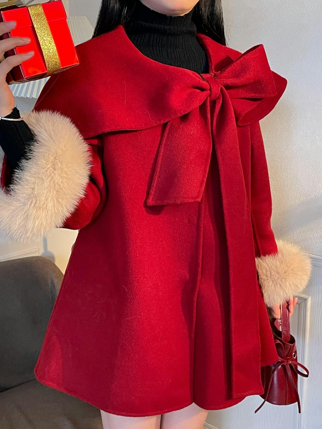 Woolen Coat+Furry Sleeve Cuffs