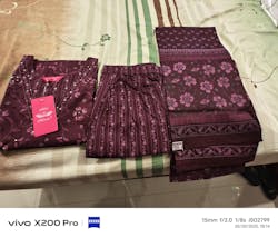 Burgundy Floral Print Hand Embroidered Kurta With Pant & Dupatta