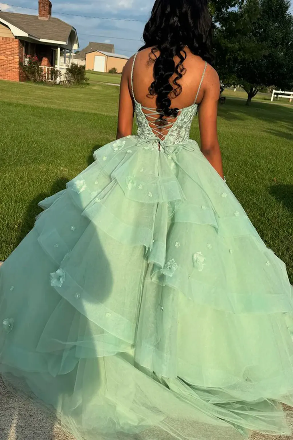 Sage Green Tulle Ball Gown Prom Dress Spaghetti Straps Lace Corset 3D ...