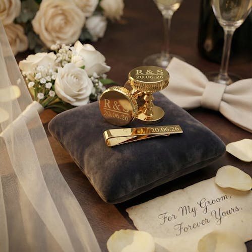 Personalised Gold Cufflink and Tie Clip Gift Set | Wedding Morning Keepsake