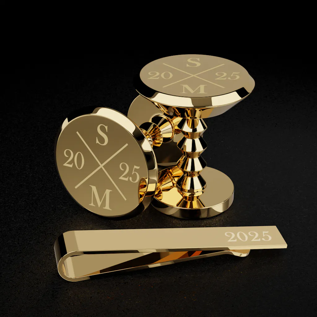 Personalised Gold Cufflink and Tie Clip Gift Set | Wedding Morning Keepsake | Chelsea Design