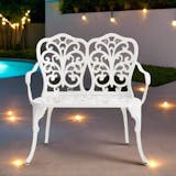 Outdoor Patio Garden Park Bench, Metal Cast Aluminum w/Floral Rose Pattern-White
