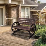 Outdoor 2-Person Patio Wagon Wheel Bench, Rustic Carbonized Finish w/Backrest-Brown