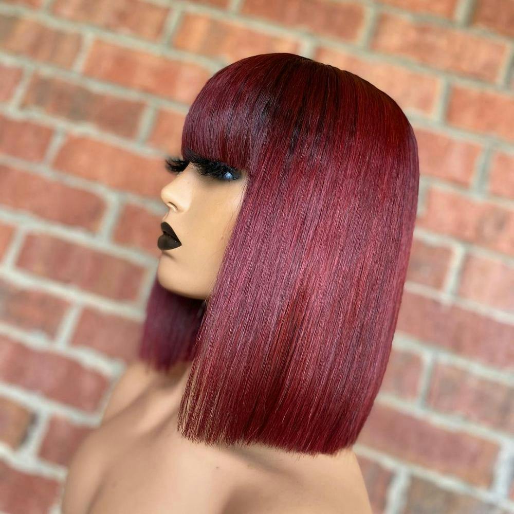 Modernshow 1b99j Burgundy Human Hair Wig Short Bob Wig With Bangs Red Color Full Machine Wig 