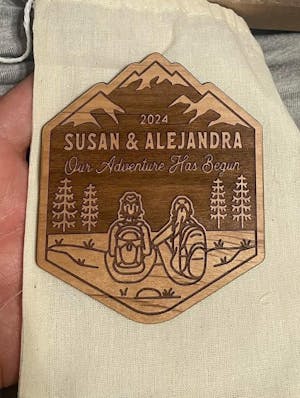 Mountain Hiking Couple Wood Magnet