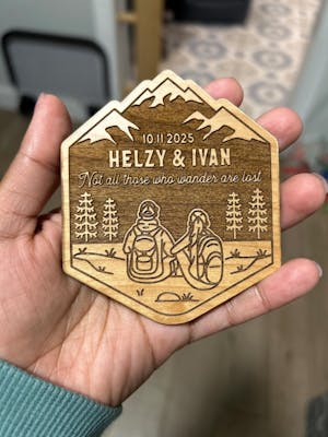 Mountain Hiking Couple Wood Magnet
