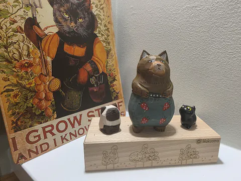 Toto Carved Wooden Cat in Strawberry Pants