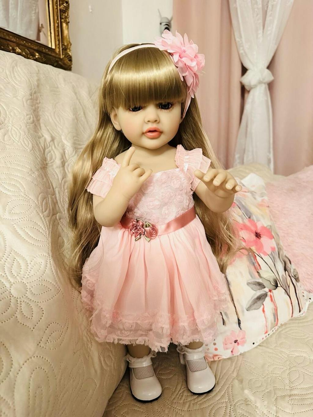 22 Inches Long Blonde Hair Reborn Doll Girl In Pink Dress-Betty