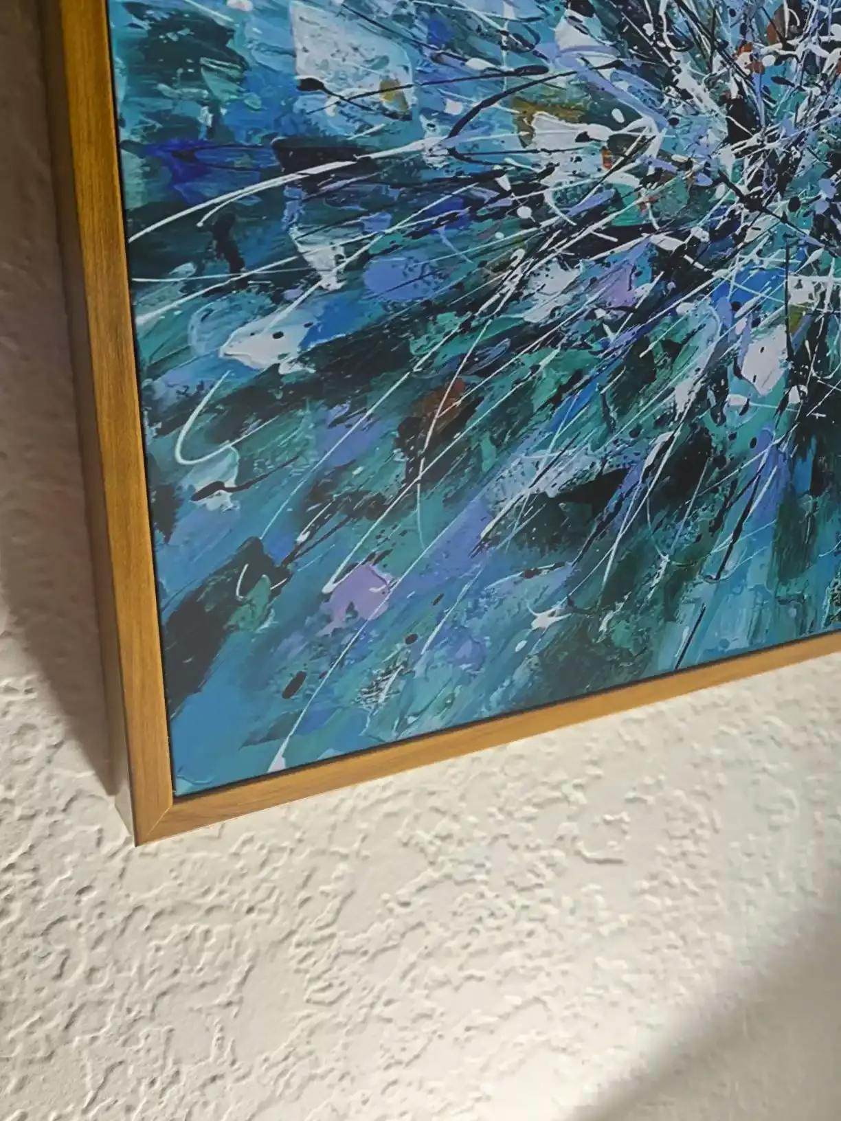 Azure Exploration: Abstract Blue and Black Oil Painting on Canvas