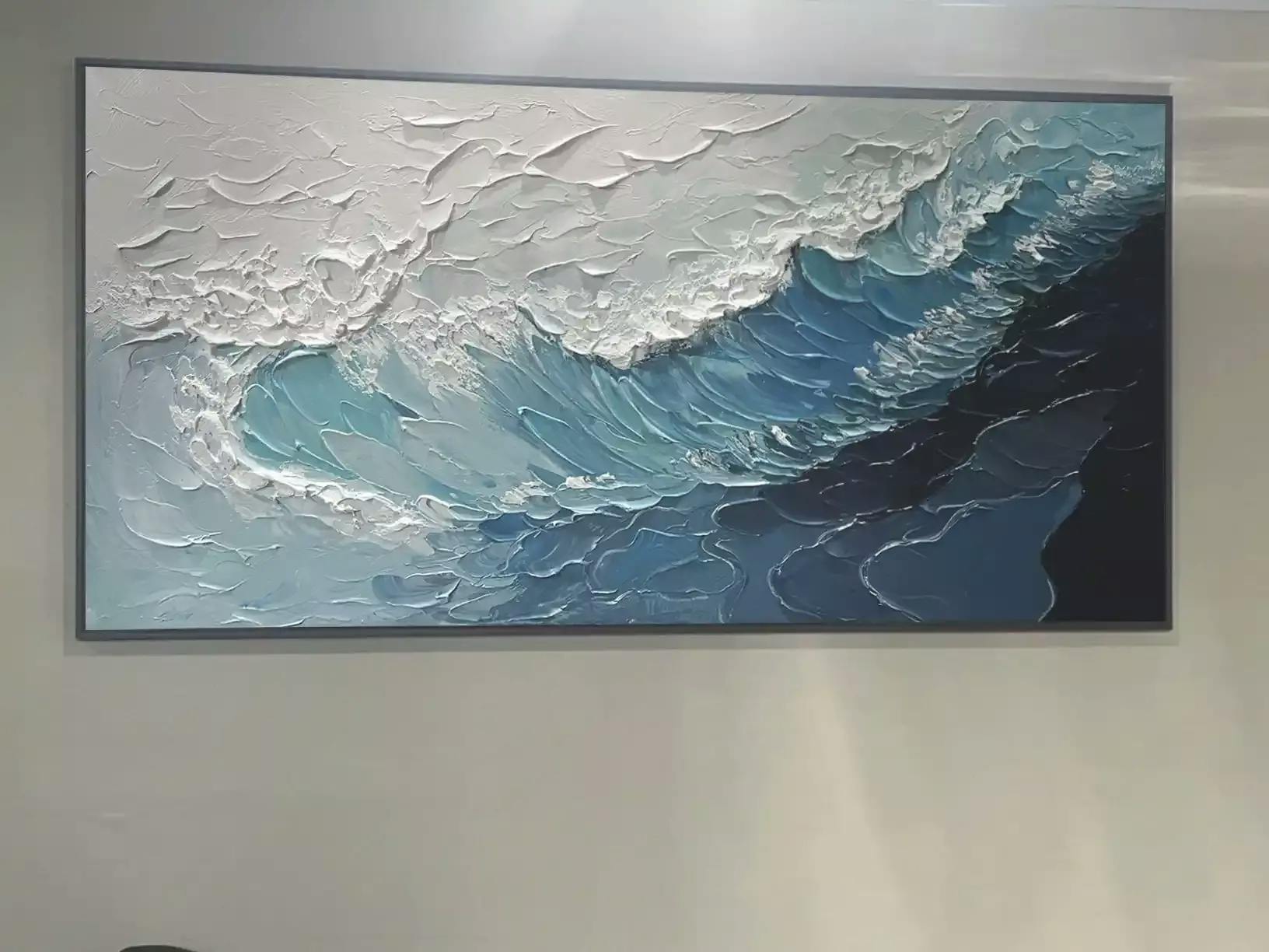 Azure Crest: Ocean Waves Abstract Impasto Oil Painting Canvas Wall