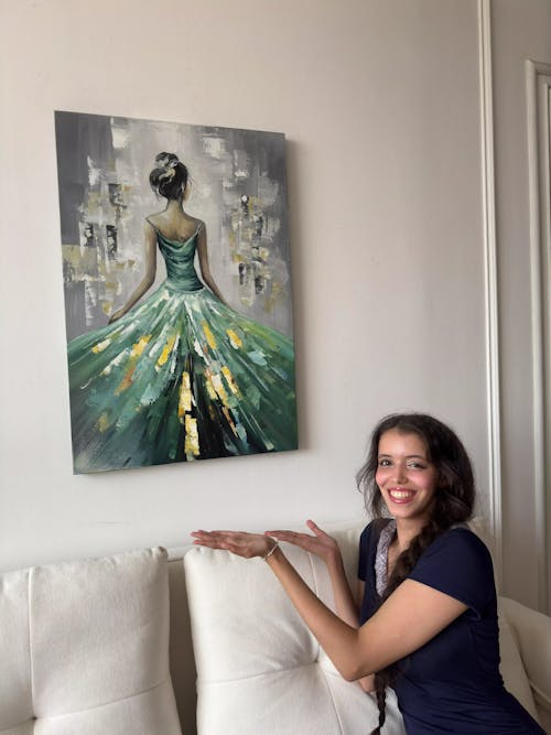 EMERALD GRACE: Elegant Woman in Green Dress, Vertical Canvas, Figurative Wall Art