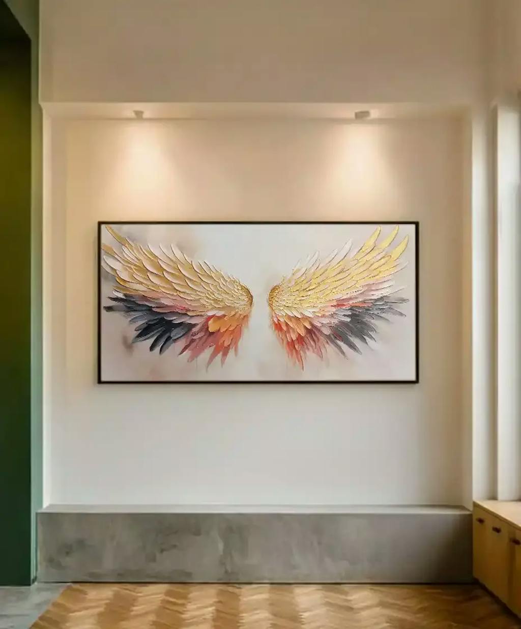 GOLDEN WINGS: Panoramic Angel Wings Painting, Textured Wall Art, Gold, Beige, Living Room, Bedroom