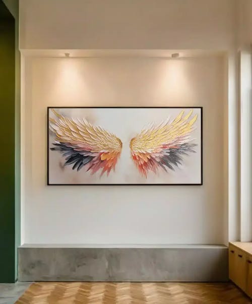 GOLDEN WINGS: Panoramic Angel Wings Painting, Textured Wall Art, Gold, Beige, Living Room, Bedroom