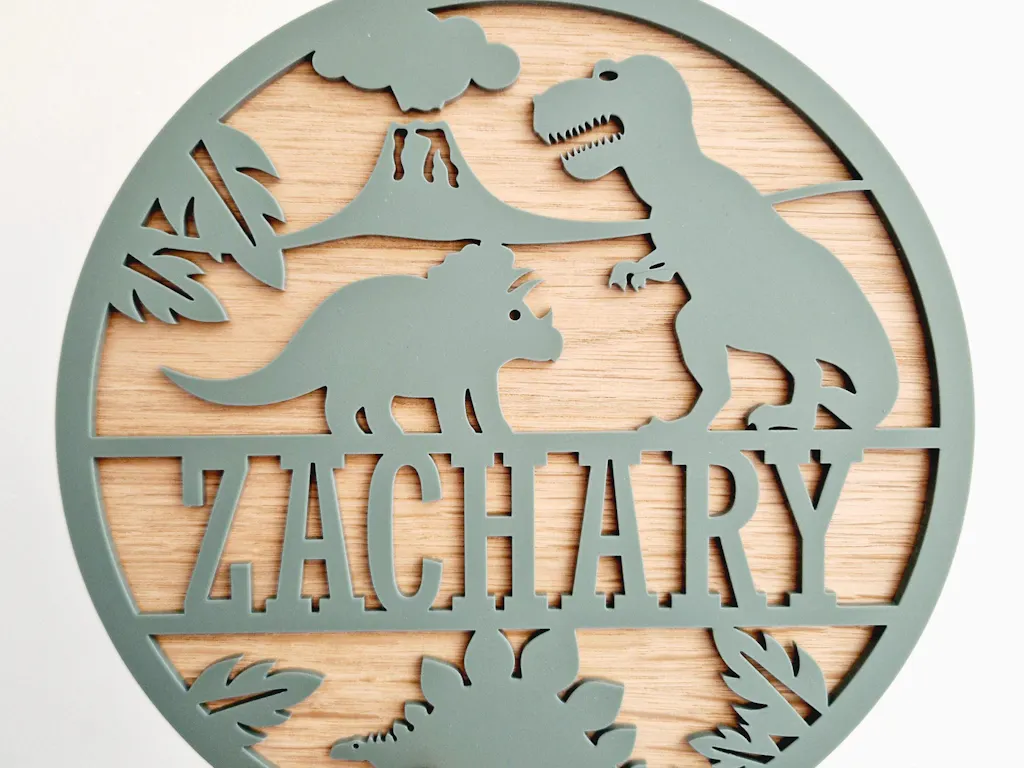 Personalised Dinosaur Nursery Name Sign - Wood & Acrylic