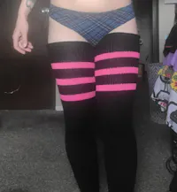 Plus Size Thigh High Socks Striped- Black & Pink