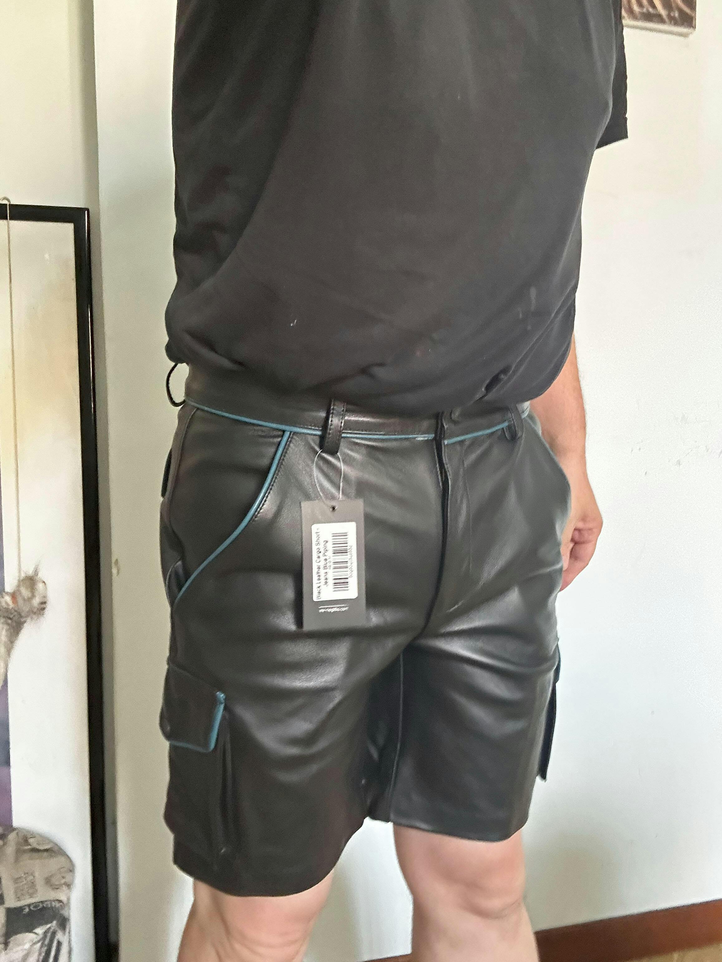 Black Leather Cargo Short - Jeans Blue Piping by MR. Riegillio