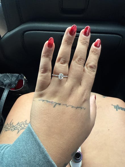 Oval Cut Moissanite Engagement Ring with Hidden Halo and Anniversary Stone Accent