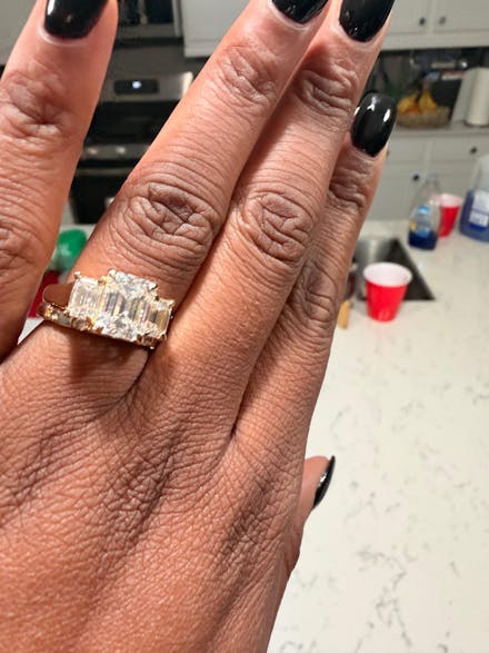 Four Prong Three Stone Emerald Cut Moissanite Engagement Ring with Hidden Anniversary Stone Accent