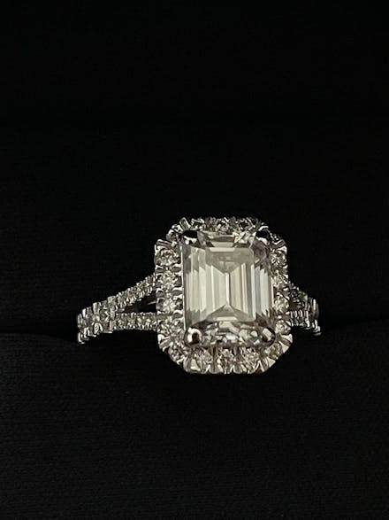 Emerald Cut Split Shank Moissanite Halo Engagement Ring
