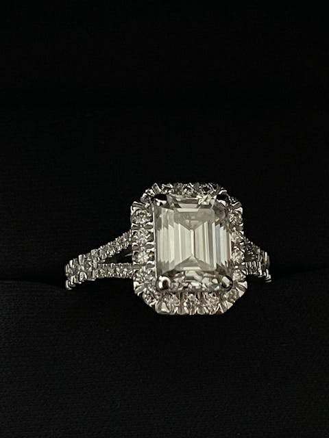 Emerald Cut Split Shank Moissanite Halo Engagement Ring