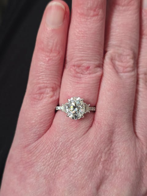Three Stone Radiant Cut & Half Moon Moissanite Engagement Ring with Hidden Anniversary Stone Accent
