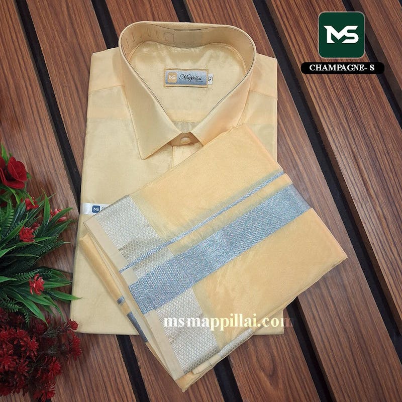 Royal Vastram Shirt and Dhoti Champagne With Silver